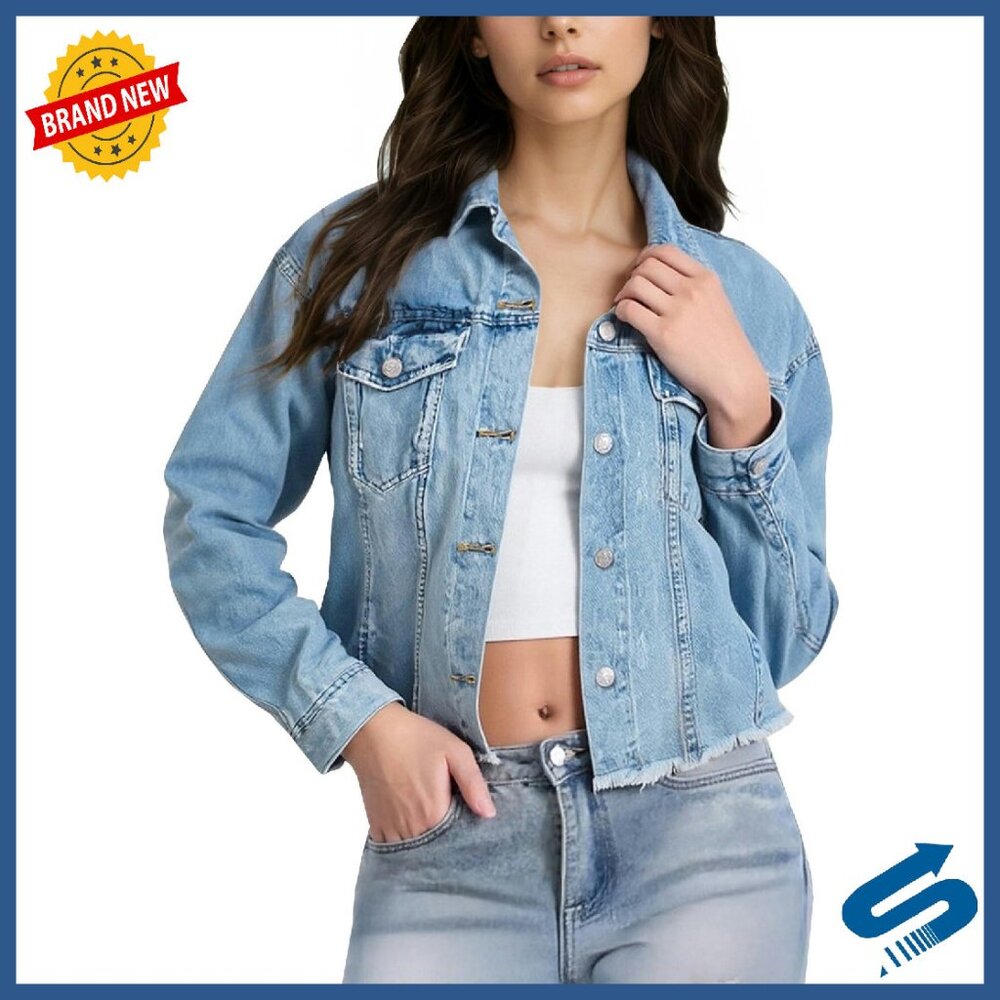 Women's Cropped Denim Jacket Frayed Hem Button Up Soft Vintage Fit